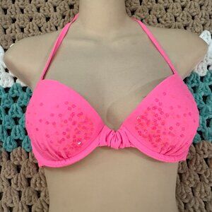 Hot Pink Padded Push UP Sequins Bra Bikini Swim Top sz 34B Small Medium